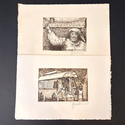 Lot of 2 Etchings By Guardino Apple Dolls Booth & Wagon Renaissance Fairs Signed