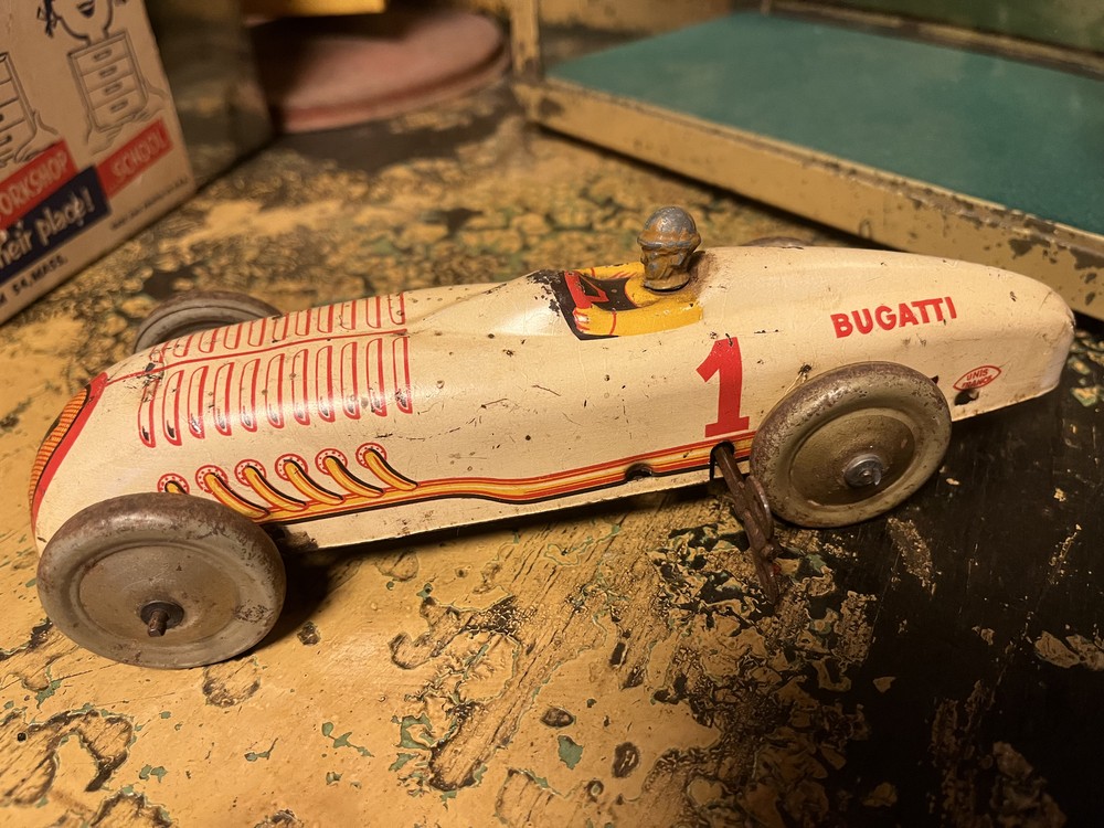ANTIQUE 1930 PRE WAR BUGATTI 8` TIN WIND UP TOY RACE CAR JEP FRANCE VERY RARE!!