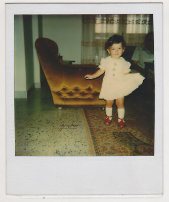 Cute Little Girl in White Dress Red Shoes Old Interior Vintage Polaroid  Photo