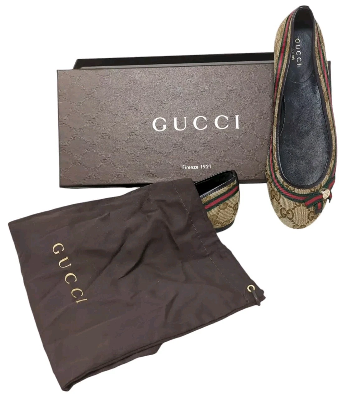 Gucci rouge/vert   chaussures plates ballet   boîte   sac à chaussures