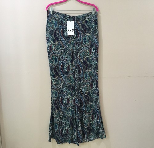 zara Women L Flare Pants paisley Green Beach Hippie Retro 70s Blogger Fav New - Picture 1 of 7