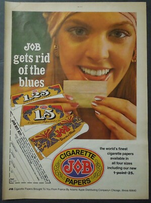 cigarette job 1977 JOB Cigarette Rolling Papers Magazine Ad - JOB Gets Rid of The Blues