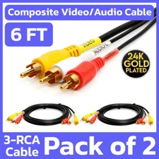 2 Pack 3 RCA Cable 6ft Composite Male to Male Audio Video AV Cord for TV DVD VCR