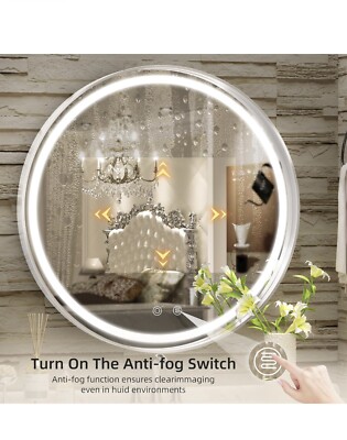 Hasipu LED Bathroom Mirror with Light, Round Silver Metal 24” Anti-Fog ...