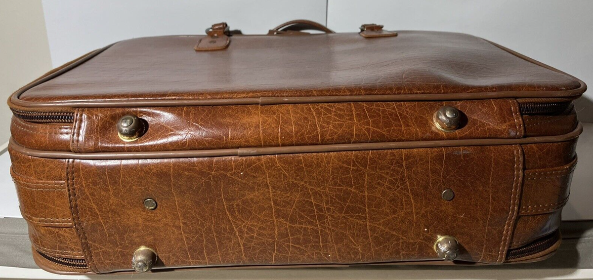 Vintage Woolworth Faux Brown Leather Travel Suitcase Luggage