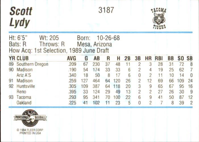1994 Tacoma Tigers Fleer/ProCards #3187 Scott Lydy Mesa Arizona AZ Baseball Card - Image 2 of 2