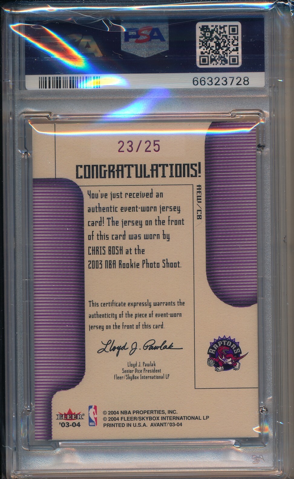 2003 FLEER AVANT CHRIS BOSH ROOKIE GAME WORN JERSEY - GOLD #AEWCB PSA 8 23/25 view 2