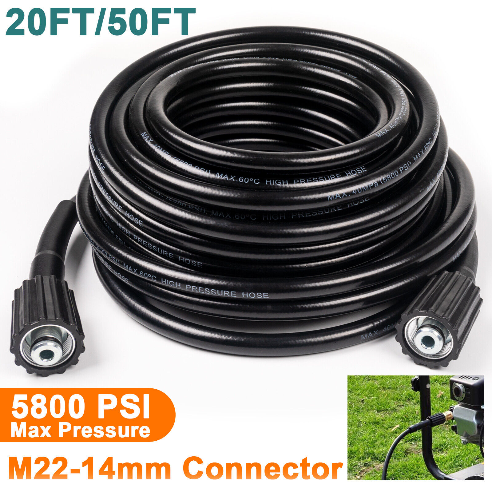 High Pressure Washer Hose 20/50ft 5800PSI M22-14mm Power Washer Extension Hose