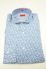 Isaia Napoli Cobalt Lapis Blue Floral Long Sleeve Cotton Dress Shirt 15.5/39 NEW