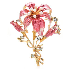 Gold Enamel Rhinestone Lilly Flower Bouquet Brooch Pearl Pin Summer Gift Jewelry