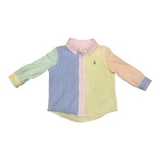 Ralph Lauren Baby Boys 9M Colorblock Striped Pique Button Down Shirt Pastel