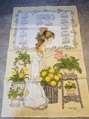 Vintage Sarah Kay 1980 Kalender Geschirrtuch Baumwolle Leinenmischung