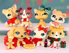 7Pcs/Set Mini Pet Shop lps Collie Dog and Cat Figure with Xmas Accessories Gift