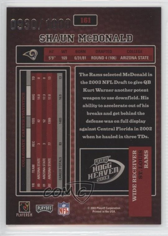 2003 Playoff Hogg Heaven Rookie /1000 Shaun McDonald #161 Rookie RC - Image 2 of 2
