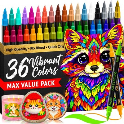 ARTISTRO 36 Acrylic Paint Markers - Paint Pens for Drawing, Brush + Fine Tips -