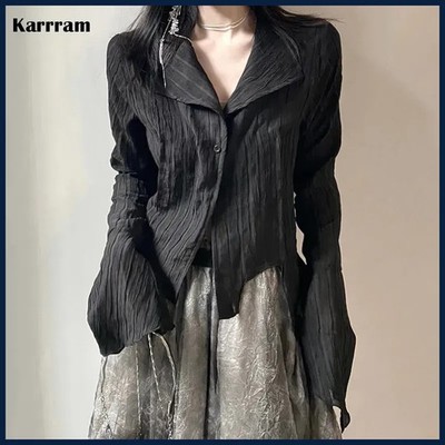Karrram Gothic Black Shirt Yamamoto Style Dark Aesthetic Blouse Women Irregular