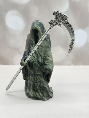 Xiuyan Jade Grim Reaper w Metal Scythe 4.38'' Halloween Gemstone Carving
