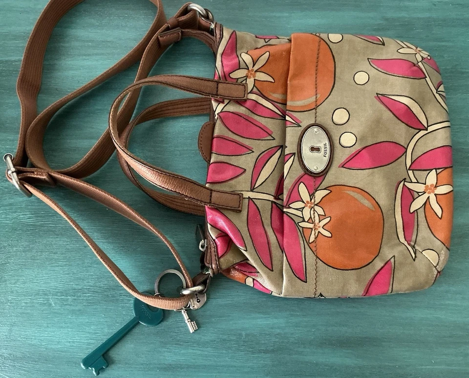 Fossil Key-Per Coated Canvas Leather Crossbody Bag Orange Boho Hippie Purse - Image 3 of 4