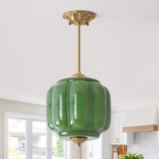 Green Milk Glass Pendant Light Chandelier with Antique Brass Finish, 10.24inc...