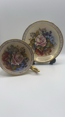 Aynsley Athens Cabbage Rose Tasse & Untertasse signiert J A Bailey Gold vergoldet