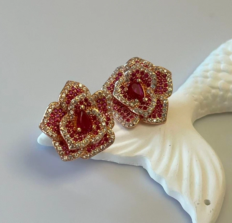 Pendientes de plata de ley 925 4x6 mm pera rubí zafiro 7/8"" racimo piedras preciosas Foto 2 de 3