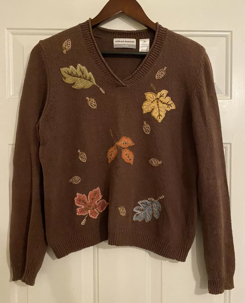 Alfred Dunner Petite Embroidered Sweater Fall Leaves Acorns Autumn PM  Petite