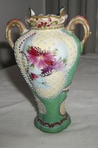 Antyczny Moriage Nippon Japonia Porcelanowy wazon Kwiaty Koraliki Podwójna rączka 4 3/4" - Zdjęcie 1 z 6