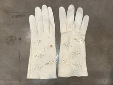 vintage unlined leather Embroidered gloves women white color small