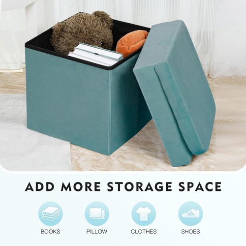 Elegant Velvet Folding Storage Ottoman with Seat Back in Teal - Medium Size - Picture 6 of 9