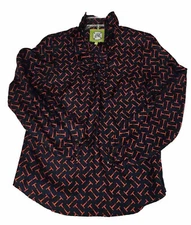 Elizabeth McKay 100% silk Sz 2 navy and red horse bit 3/4 sleeve ruffle blouse