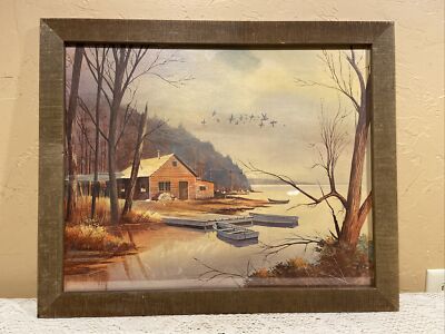 Vintage MCM Arthur Kaplan Co. 1979 Framed 16x20  Litho Print  Sunset Wharf 