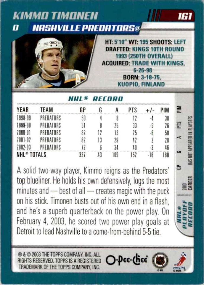 2003-04 O-Pee-Chee Kimmo Timonen #161 - Image 2 of 2
