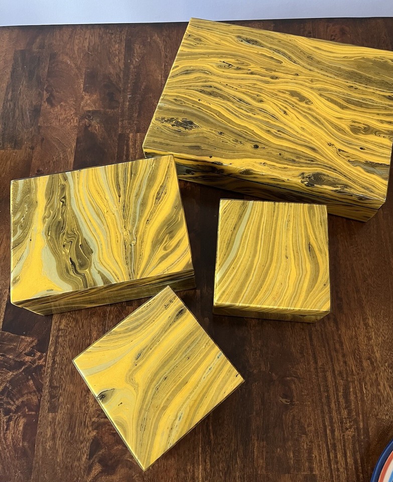 Set Of 4 Cats Eye Yellow Boxes Black Felt Lined Shiny Lacquered Finish