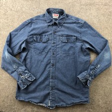 Wrangler Shirt Men Large Blue Denim Long Sleeve Pockets Button Up Stretch Work