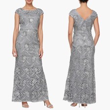 NEW ALEX EVENINGS Pewter Frost BEADED EMBROIDERED Lace COLUMN Evening GOWN 6