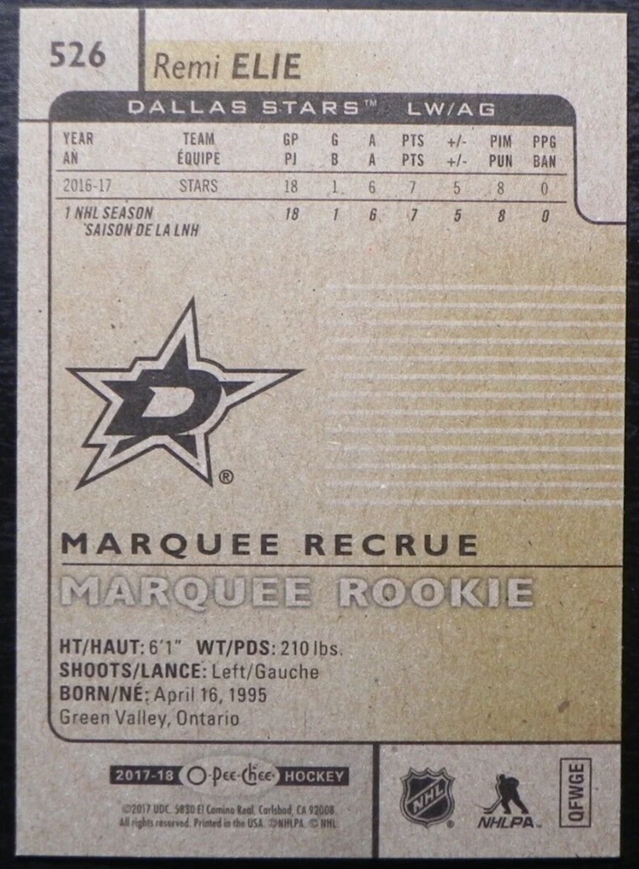 2017-18 17/18 O-Pee-Chee Marquee ROOKIE #526 Remi Elie Dallas Stars - Image 2 of 2