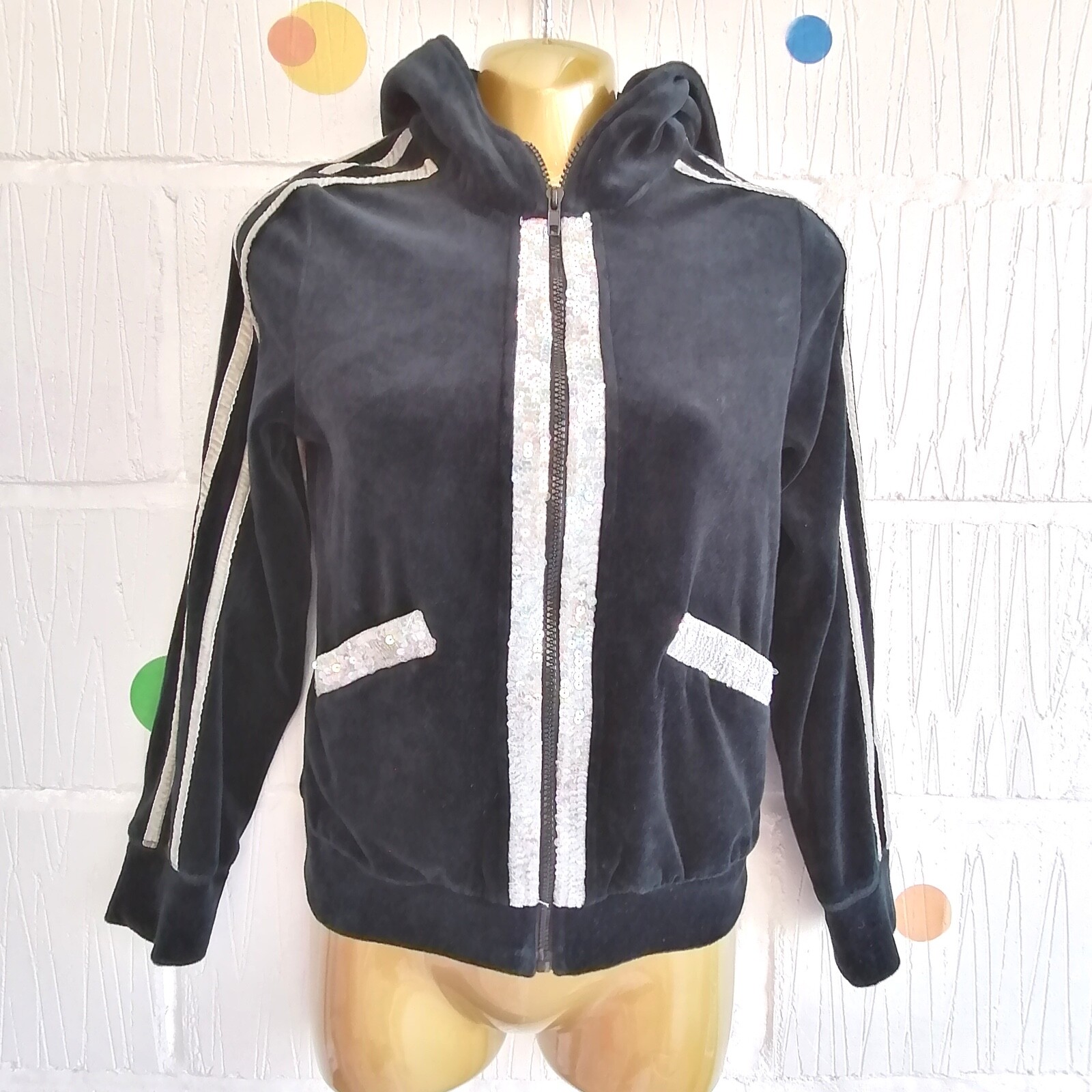 🖤Anna Rose Size 8 Retro Y2K 00s Black Velvet Velour Sequin Full Zip Hoodie