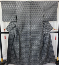 Japanese Vintage Kimono Silk Black Oshima Traditional Authentic Length 62 in