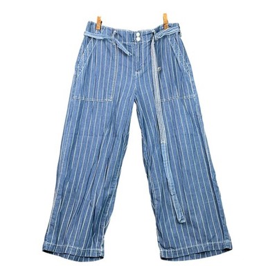 Seven7 Wide Leg Pants Womens 8 Blue Pinstripe Belted High Rise Cropped Trousers