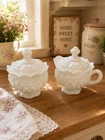 VTG Fenton Hobnail Milk Glass Scalloped Cream and Sugar Set Lids White with Logo