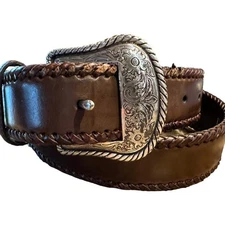 Nocona Belt Co. Mens Brown Leather Belt with Silver Buckle and Trim Mens 36
