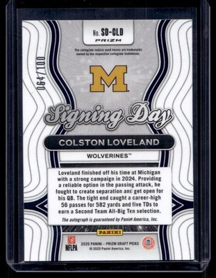 2025 Panini Draft Picks Prizm Red Signing Day Colston Loveland RC