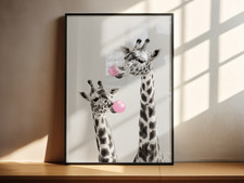 Two Giraffes Blowing Pink Bubble Gum Fun Safari Animal Print Wall Art