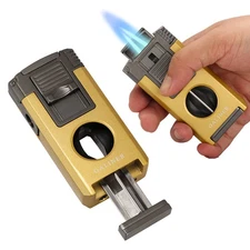 Gold Torch Cigar Lighter VCutter Double Jet Flame Refillable Butane Holder Punch