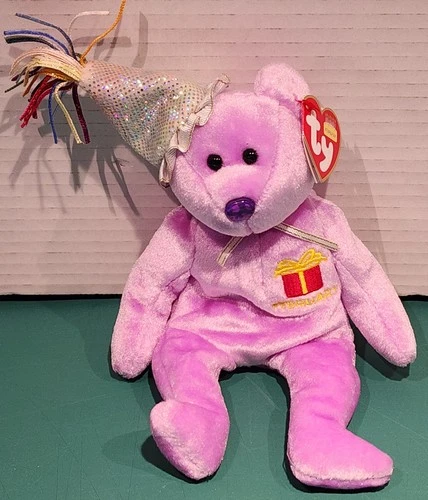 Vintage Ty Beanie Baby - February - Birthday Bear (7.5"-2001) MWMT -NEW Style B