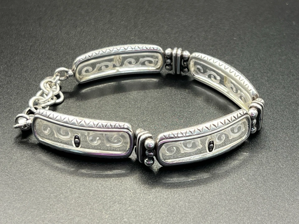 复古布莱顿银盘链式手链蚀刻透明卷轴厚矩形 — 第 2/4 张图片