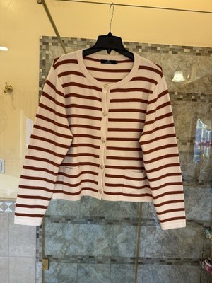 LILLUSORY Women's Size XL Striped Soft Cardigan Sweater Long Sleeve Button Down