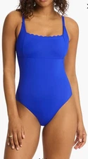 NWT Sea Level Swim Scalloped Square Neck One Piece Colbalt Swimsuit, Size US 8