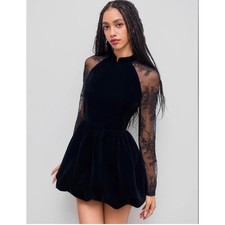Cider Black Velvet Lace Long Sleeve Bubble Hem Mini Dress Mock Neck Womens M NWT