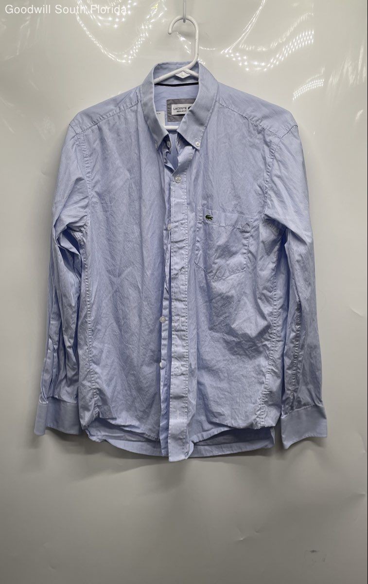 Lacoste Mens Blue White Striped Print Regular Fit Button-Up Shirt Size M